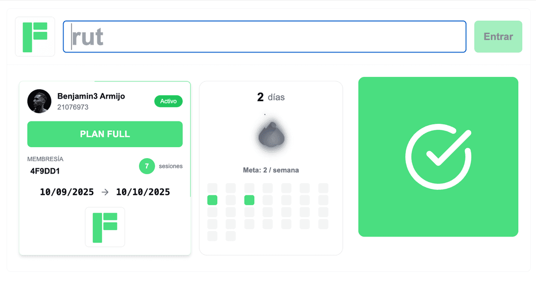 Captura de pantalla mostrando Control de Acceso en Fitness Flow: Sistema de control de acceso inteligente con códigos QR, tarjetas RFID y reconocimiento facial. Moni...