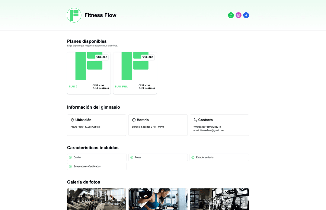 Captura de pantalla mostrando Landing Page Pública en Fitness Flow: Cada gimnasio obtiene su propia página web personalizada donde puede mostrar sus planes, horarios y ...