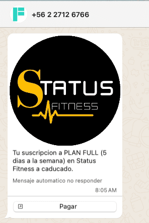 Captura de pantalla mostrando Notificaciones con Pago en Fitness Flow: Fitness Flow Envía notificaciones automáticas de vencimiento de membresías con enlaces de pago direc...