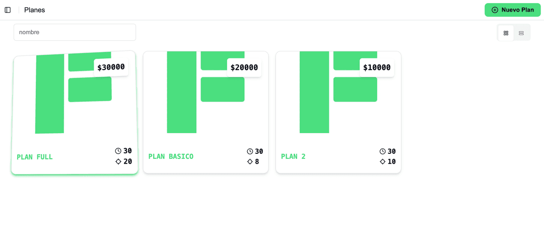 Captura de pantalla mostrando Administración de Planes en Fitness Flow: Crea y gestiona diferentes tipos de membresías con precios personalizados, duraciones flexibles y be...